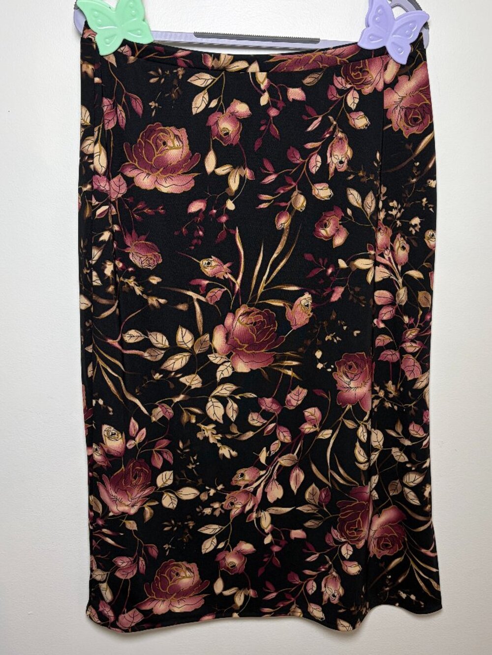 90s Vintage Black Rose Floral Midi Skirt Van Heusen Medium Dark Fairy Whimsygoth